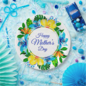 Tropisch Blauw en Geel Bloemen Gelukkige Moederdag Papieren Bordje (Feest)