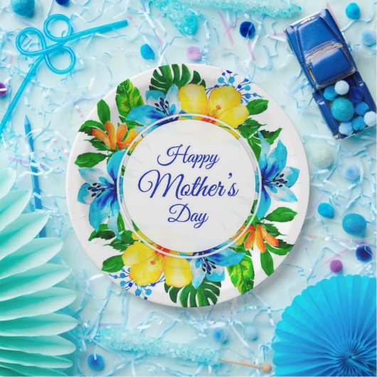 Tropisch Blauw en Geel Bloemen Gelukkige Moederdag Papieren Bordje (Feest)