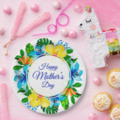Tropisch Blauw en Geel Bloemen Gelukkige Moederdag Papieren Bordje (Feest)