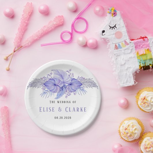 Tropisch blauw en Paars palmleder bruiloft Papieren Bordje (Feest)