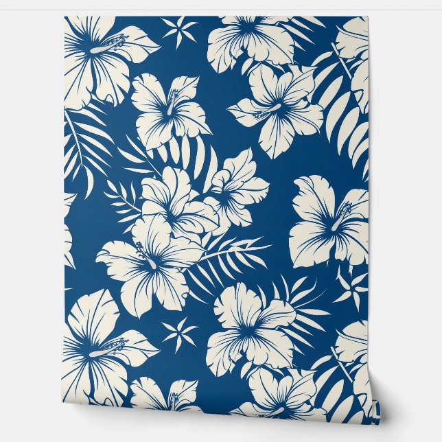 Tropisch Blauw en Wit Bloemmotief Behang (Afrollen)