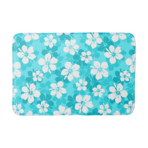 Tropisch blauw en wit Hibiscus bloempatroon Badmat