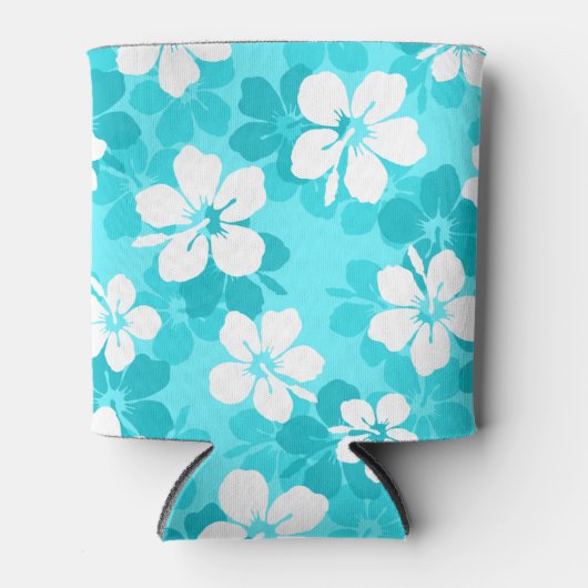Tropisch blauw en wit Hibiscus bloempatroon Blikjeskoeler (Voorkant)