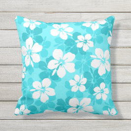Tropisch blauw en wit Hibiscus bloempatroon Buitenkussen