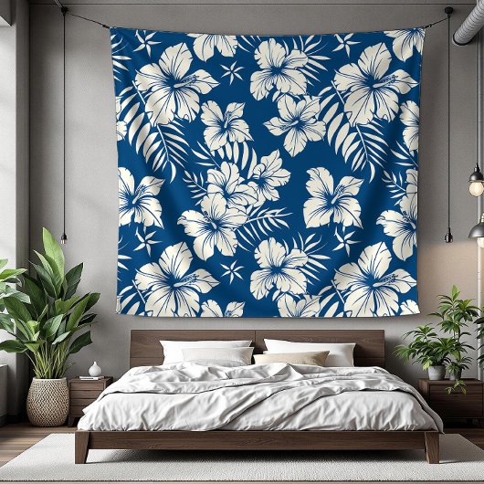 Tropisch Blauw en Witte Bloemen Fleece Deken