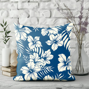 Tropisch Blauw en Witte Bloemen Kussen