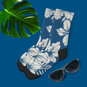 Tropisch Blauw en Witte Bloemen Sokken