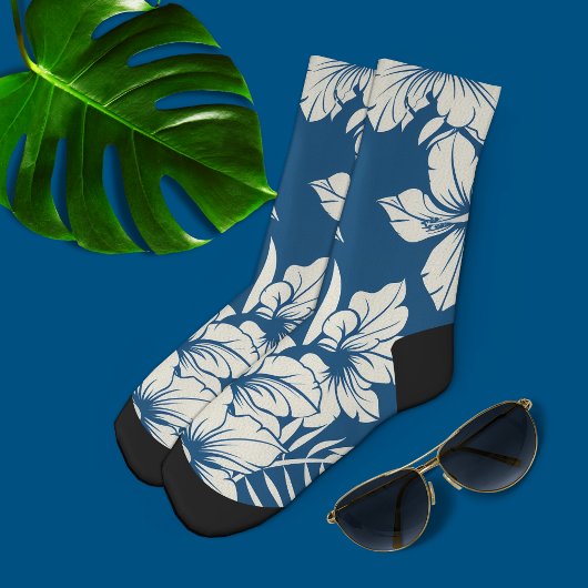 Tropisch Blauw en Witte Bloemen Sokken
