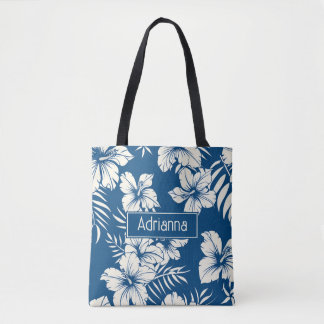 Tropisch Blauw en Witte Bloemen Tote Bag