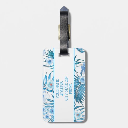 Tropisch blauw Floral Bagagelabel (Achterkant verticaal)