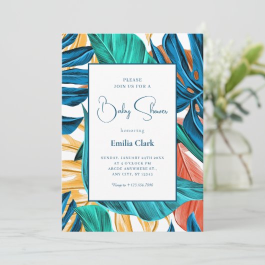 Tropisch Blauw Geel Bladeren baby shower Kaart (Staand voorkant)