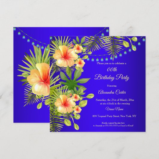 Tropisch Blauw Geel Hibiscus floral Birthday Kaart (Voorkant / Achterkant)
