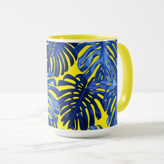 Tropisch blauw geel Oerwoud bladeren kleurrijk Mok (Voorkant rechts)