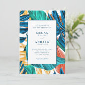 Tropisch Blauw Gele Bladeren bruiloft Kaart (Staand voorkant)
