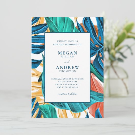 Tropisch Blauw Gele Bladeren bruiloft Kaart (Staand voorkant)