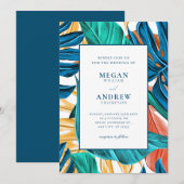 Tropisch Blauw Gele Bladeren bruiloft Kaart (Voorkant / Achterkant)