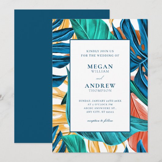 Tropisch Blauw Gele Bladeren bruiloft Kaart (Voorkant / Achterkant)
