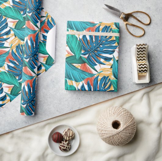 Tropisch Blauw gele bladeren Cadeaupapier (Crafts)