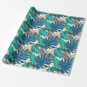 Tropisch Blauw gele bladeren Cadeaupapier (Uitgerold)