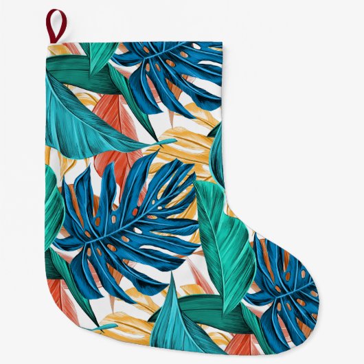 Tropisch Blauw gele bladeren Grote Kerstsok (Voorkant)