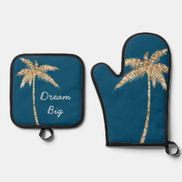 Tropisch Blauw Goud Glitter Palm Tree Ovenwant & Pannenlap Set