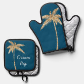 Tropisch Blauw Goud Glitter Palm Tree Ovenwant & Pannenlap Set (Voorkant / Achterkant)
