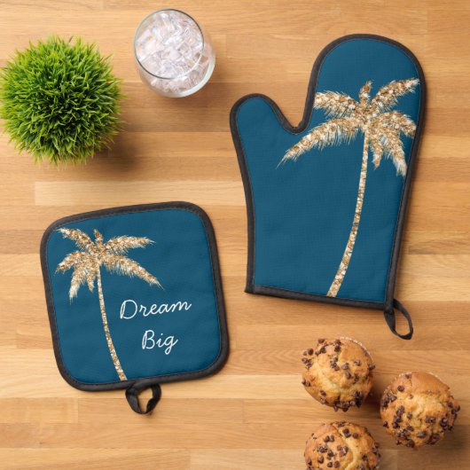 Tropisch Blauw Goud Glitter Palm Tree Ovenwant & Pannenlap Set (Top down)