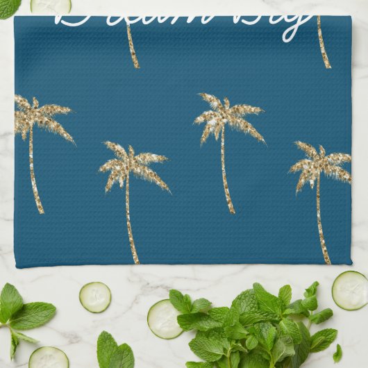 Tropisch Blauw Goud Glitter Palmbomen Theedoek (Gevouwen)