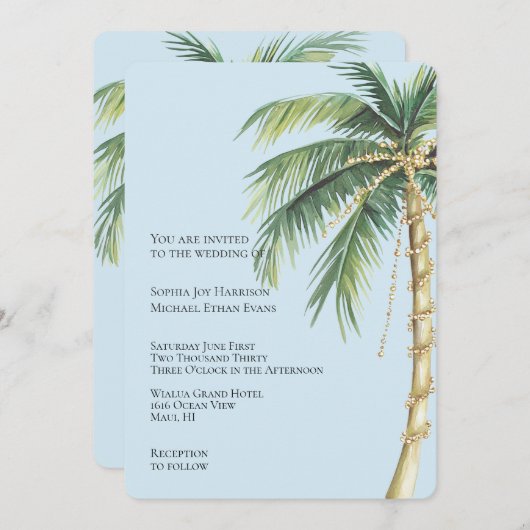 Tropisch Blauw Goud Glitzy Palm Tree Wedding Kaart (Voorkant / Achterkant)
