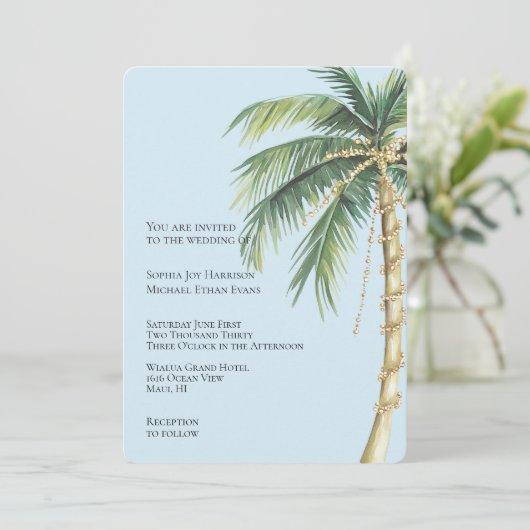 Tropisch Blauw Goud Glitzy Palm Tree Wedding Kaart (Staand voorkant)