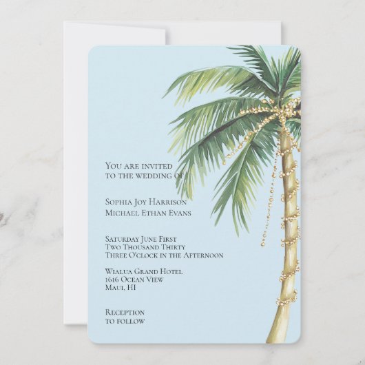 Tropisch Blauw Goud Glitzy Palm Tree Wedding Kaart (Voorkant)