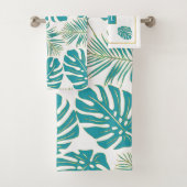 Tropisch blauw, goudbladeren en monogram bad handdoek (Insitu)
