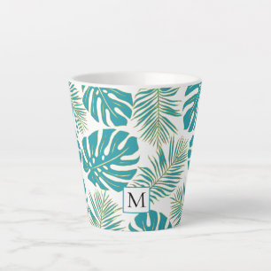 Tropisch blauw, goudbladeren en monogram latte mok