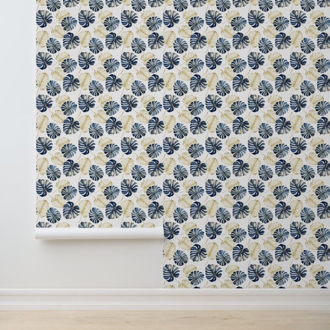 Tropisch blauw gouden bladeren behang (Applicatie)