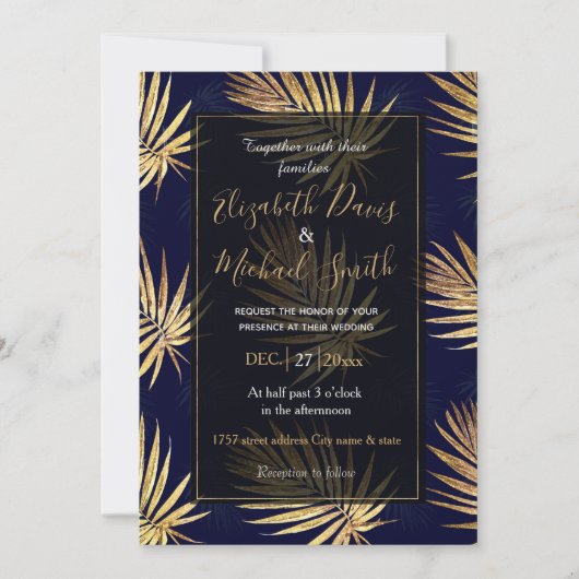 Tropisch blauw gouden palmbladeren groen kaart (Voorkant)