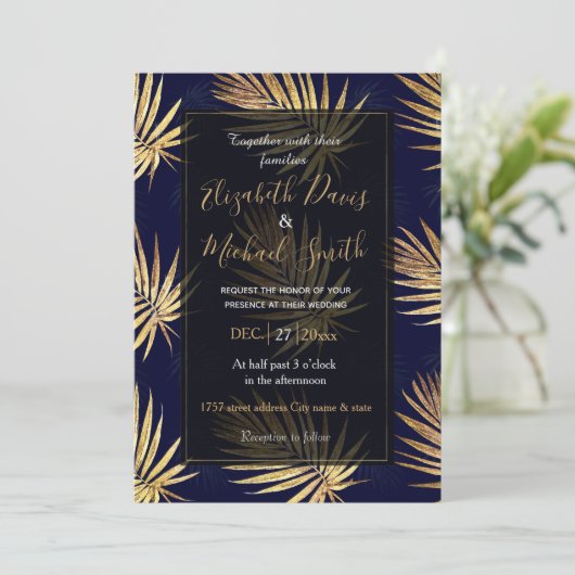 Tropisch blauw gouden palmbladeren groen kaart (Staand voorkant)