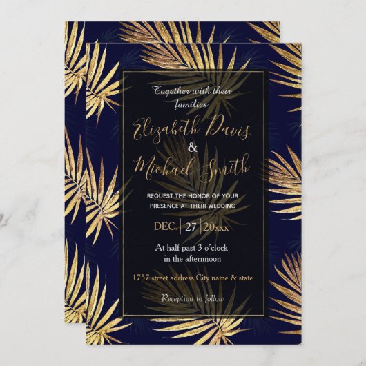 Tropisch blauw gouden palmbladeren groen kaart (Voorkant / Achterkant)