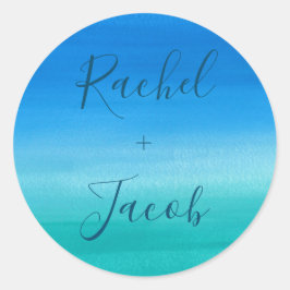 Tropisch blauw & groen strand bruiloft ronde sticker