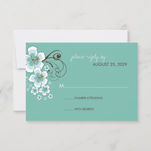 Tropisch Blauw Hibiscus Strand Bestemming Bruiloft RSVP Kaartje (Achterkant)