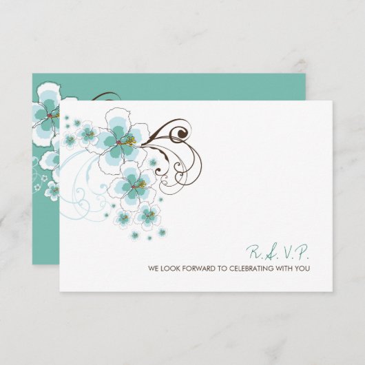 Tropisch Blauw Hibiscus Strand Bestemming Bruiloft RSVP Kaartje (Voorkant / Achterkant)