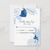 Tropisch blauw met witte bladeren RSVP kaartje (Voorkant)