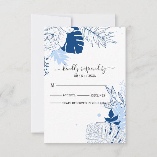 Tropisch blauw met witte bladeren RSVP kaartje (Voorkant)