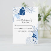Tropisch blauw met witte bladeren RSVP kaartje (Staand voorkant)