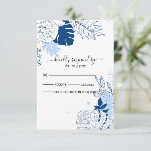 Tropisch blauw met witte bladeren RSVP kaartje (Staand voorkant)