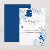Tropisch blauw met witte bladeren RSVP kaartje (Voorkant / Achterkant)