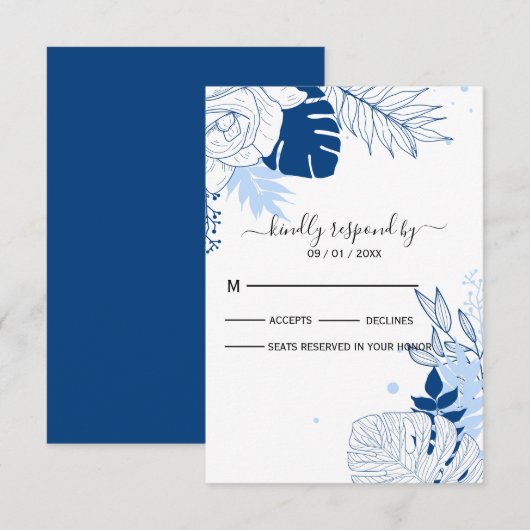 Tropisch blauw met witte bladeren RSVP kaartje (Voorkant / Achterkant)