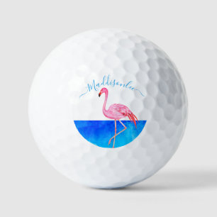 Tropisch blauw monogram Naam Roze Flamingo Golf Golfballen