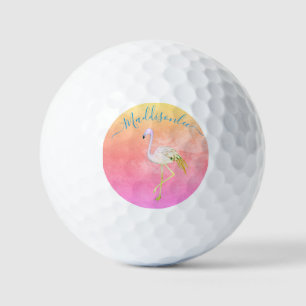 Tropisch Blauw Monogram Naam Zwart Roze Flamingo G Golfballen