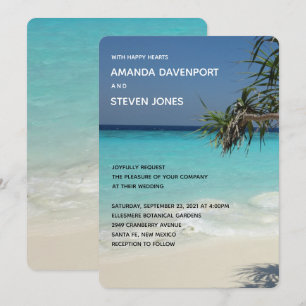 Tropisch blauw oceaanstrand foto bruiloft kaart