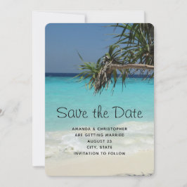 Tropisch blauw oceaanstrand foto bruiloft save the date